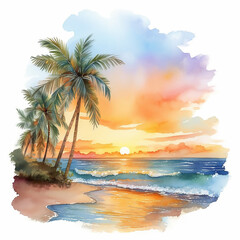 Fototapeta na wymiar hawaii paradise seascape caribbean resort tropic palm shore watercolor wave sunrise horizon 