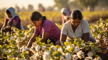 Naklejka na ściany i meble Sustainable Harvest: A Glimpse into Indian Women's Contribution to Cotton Farming - A Traditional Scene of Hardworking Women Cultivating Crops in the Rural Farmlands.