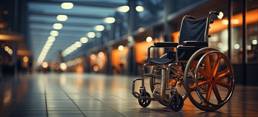Empty wheelchair in an upscale lobby, conveying themes of healthcare, accessibility, and modern medical facilities. - obrazy, fototapety, plakaty