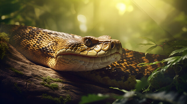 Close Up Image Of A Snake In Forest.a massive anaconda snake appearing from the deep .cobra in jungle .AI Generative 