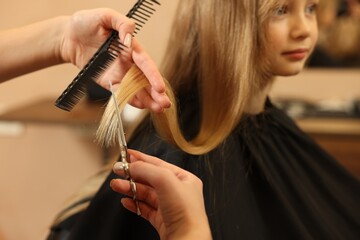 Professional hairdresser cutting girl's hair in beauty salon, closeup