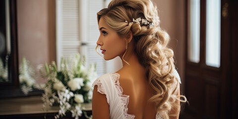 A bride in an elegant hairstyle and dress, gazing out a window. Suitable for wedding, beauty, and bridal editorial content. - obrazy, fototapety, plakaty