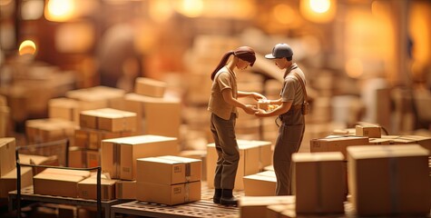 Miniature figures of workers handling packages in a busy warehouse. Suitable for logistics and supply chain management content.