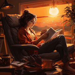 A girl sitting in a comfortable reading chair, with an open book,Generative AI.