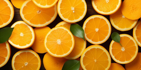 Freshly cut oranges with leaves, closely packed, top view. Ideal for food and beverage marketing,...