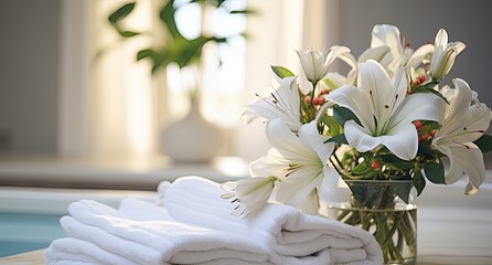 Fresh white lilies next to fluffy towels in a serene spa setting. Ideal for spa, wellness, and hospitality marketing.