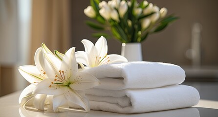 Fototapeta na wymiar Fresh white lilies next to fluffy towels in a serene spa setting. Ideal for spa, wellness, and hospitality marketing.