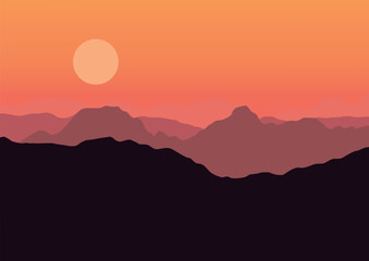 Silhouette of mountains at sunset. Vector illustration in flat style.