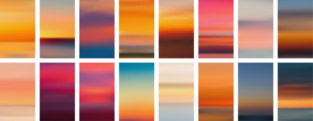 Set of colorful sunset and sunrise sea banners. Abstract blurred textured gradient mesh color backgrounds.