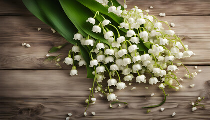  lilies of the valley on a wooden background