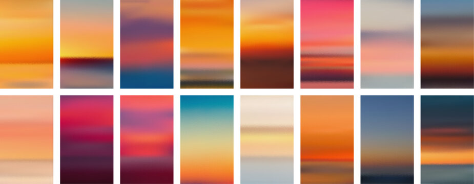 Set of colorful sunset and sunrise sea banners. Abstract blurred textured gradient mesh color backgrounds.