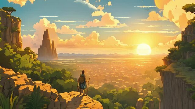 setting casts warm golden glow over horizon, lone explorer stands atop rocky cliff, overlooking vast expanse emerald green. distance, rising verdant landscape, mythical 2d animation