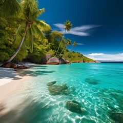 A tropical beach with crystal-clear turquoise water.