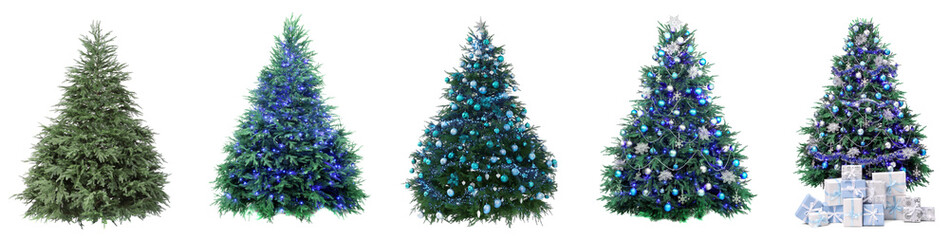 Christmas tree isolated on white, step-by-step decorating