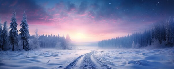 Banner with winter panorama landscape. Forest, trees and road covered snow. Sunrise, winterly morning of a new day. Purple landscape with sunset. Happy New Year and Christmas concept - obrazy, fototapety, plakaty