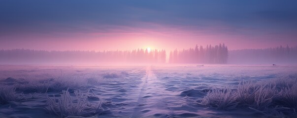 Banner with winter panorama landscape. Forest, trees and road covered snow. Sunrise, winterly morning of a new day. Purple landscape with sunset. Happy New Year and Christmas concept - Powered by Adobe