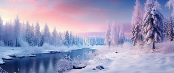 Beautiful white winter wonderland scenery with crystal clear lake in forest on cold sunny day with...