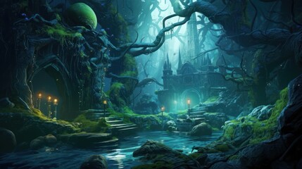 Enchanted Forest with Mystical Structures
