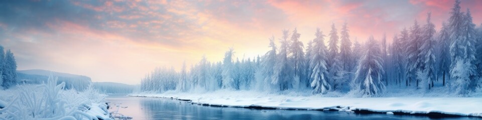 Beautiful white winter wonderland scenery with crystal clear lake in forest on cold sunny day with blue sky and clouds. Frosty cold winter day. Big lake in the woods. Winter Christmas landscape