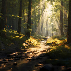 A tranquil forest with rays of sunlight filtering through the trees.