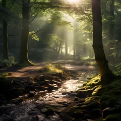 Muurstickers A tranquil forest with sunlight streaming through trees. © Cao