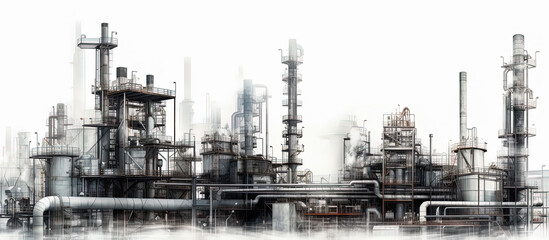 Industrial area with steel infrastructure on white background, Double exposure. Technical black and white drawing. Generative AI - obrazy, fototapety, plakaty
