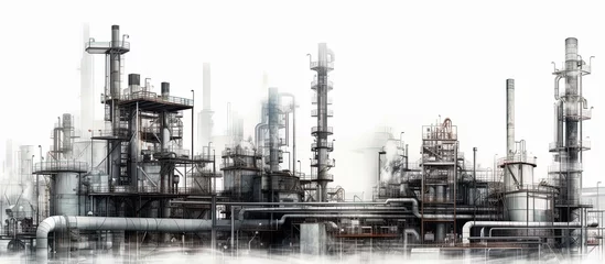 Foto op Canvas Industrial area with steel infrastructure on white background, Double exposure. Technical black and white drawing. Generative AI © zaschnaus