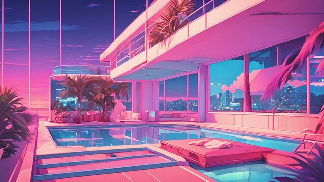 Ascending winding staircase Vaporwave Rooftop Pool, with stunning sight that seems straight retrofuturistic dream. pool itself luminous shade turquoise, contrasting 2d animation