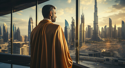Arab businessman in traditional clothing stands in his office against a backdrop of skyscrapers. Back view. Generative AI - obrazy, fototapety, plakaty