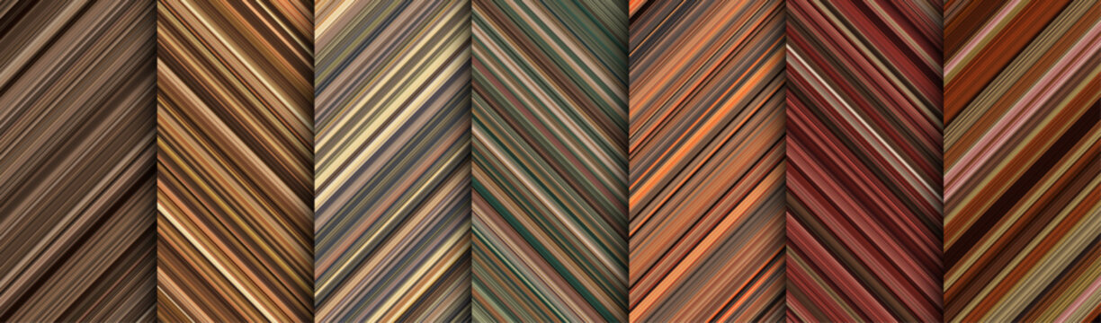 Wood detailed striped geometric patterns composed of big amount of thin multicolored stripes.