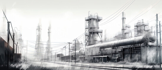 Industrial area with steel infrastructure on white background, Double exposure. Technical black and white drawing. Generative AI