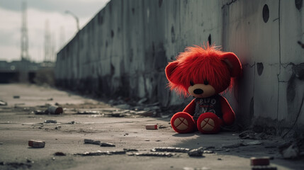 lonely stuffed bear toy with fluffy red fur all alone and discarded on a cold urban street. 