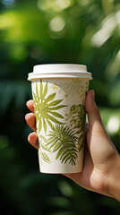 Hand hold disposable coffee cup, park background. Generative AI.