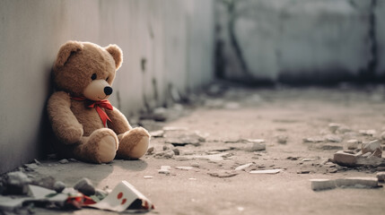 Lonely stuffed bear toy sitting against an empty abandoned building room wall, sad broken spirit waiting for someone to pick him up and take home. 