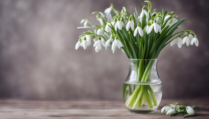 Bouquet of snowdrops in a glass vase with water.
