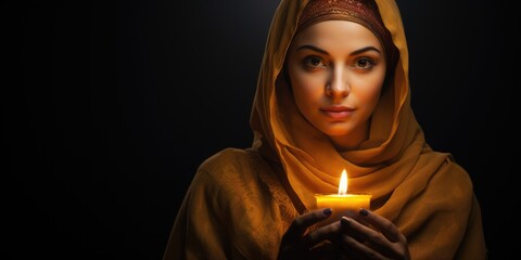 Candle of Faith: A Muslim Woman in a Turban Holds a Candle in Front of Her, Illuminating the Dark Background with Faith, Hope, and Cultural Devotion.

