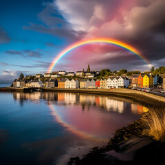 A vibrant rainbow arching over a coastal town