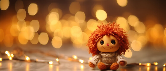 Ginger red hair toy doll dressed cozy and warm with knitted stuffed wool felt jacket jersey exploring the lively Manhattan city streets with decorated Christmas lights background.