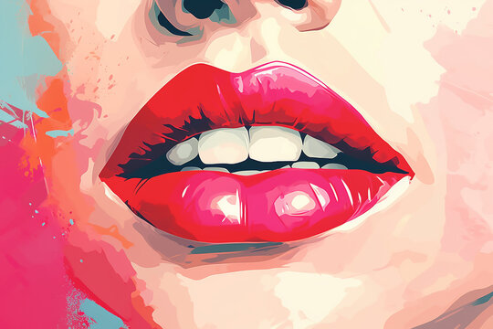 painting abstract art of female pink red lips mouth. ai generative