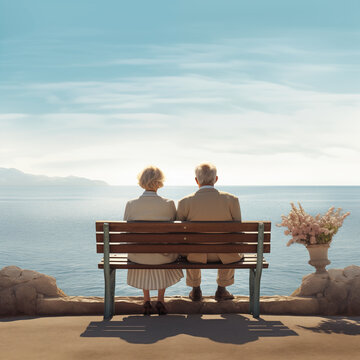 Rear view of mature couple sitting on bench overlooking the Ocean.