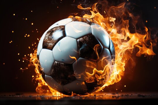 Soccer ball in action, The ball travels with lightning speed and glowing orange flame effects. Fire soccer ball effect with fire.by generated AI