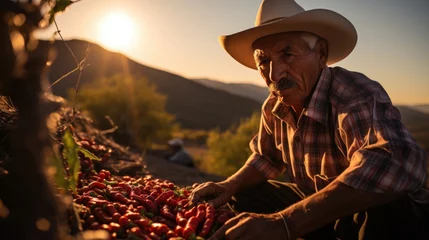 Fotobehang Spicy Harvest: A Mexican Farmer, Bathed in Sunlight, Inspects Rows of Chili Pepper Plants, Capturing the Essence of Traditional Agriculture and the Skill of Pepper Farming.      © Mr. Bolota