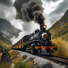 Fototapeta na wymiar A vintage steam locomotive chugging through a mountain pass