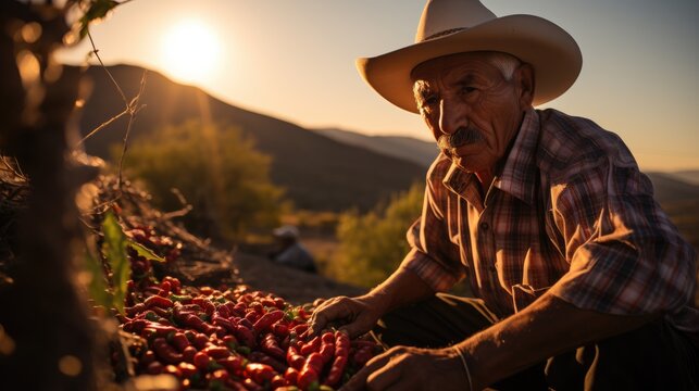 Spicy Harvest: A Mexican Farmer, Bathed in Sunlight, Inspects Rows of Chili Pepper Plants, Capturing the Essence of Traditional Agriculture and the Skill of Pepper Farming.




