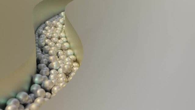 Pearls flow down the guide channel. Necklace close up. 3D render