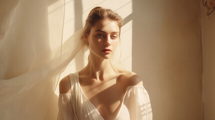 A fashion editorial photo of a female model in white