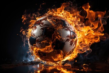 Soccer ball in action, The ball travels with lightning speed and glowing orange flame effects. Fire soccer ball effect with fire.by generated AI - obrazy, fototapety, plakaty