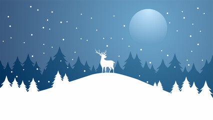 Obraz na płótnie Canvas Winter silhouette landscape vector illustration. Scenery of reindeer silhouette in the pine forest snow hill. Cold season landscape for illustration, background or wallpaper
