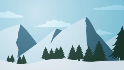 Fotobehang Snowy mountain landscape vector illustration. Scenery of snow covered mountain in winter season. Winter mountain landscape for background, wallpaper or illustration © Moleng