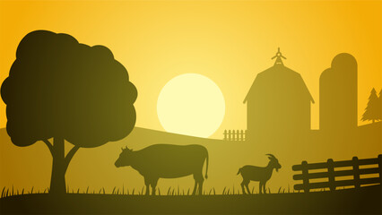 Farmland silhouette landscape vector illustration. Scenery of livestock cow and goat in the countryside farm. Rural landscape for illustration, background or wallpaper